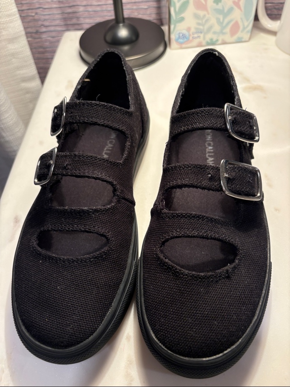 Caron Callahan Black Canvas Double-Strap Mary Jane Flats